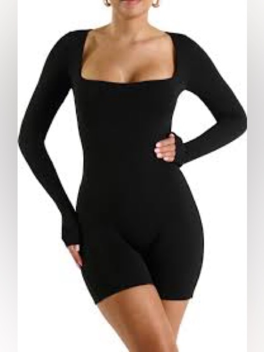 naked wardrobe Black Long-Sleeve Square-Neck Shapewear Romper